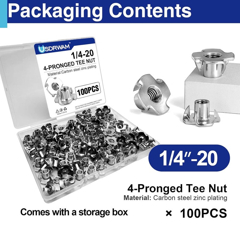 Usdrwam 100 Pack 1/4"-20 T Nuts for Wood, Zinc-Plated Carbon Steel 4-Prong Tee Nuts for Furniture, Cabinets, and Rock Climbing Holds - Image 3